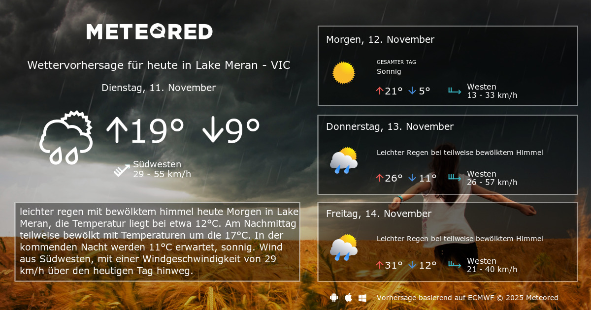 Das Wetter für Lake Meran VIC. 14Tage Wettervorhersage daswetter